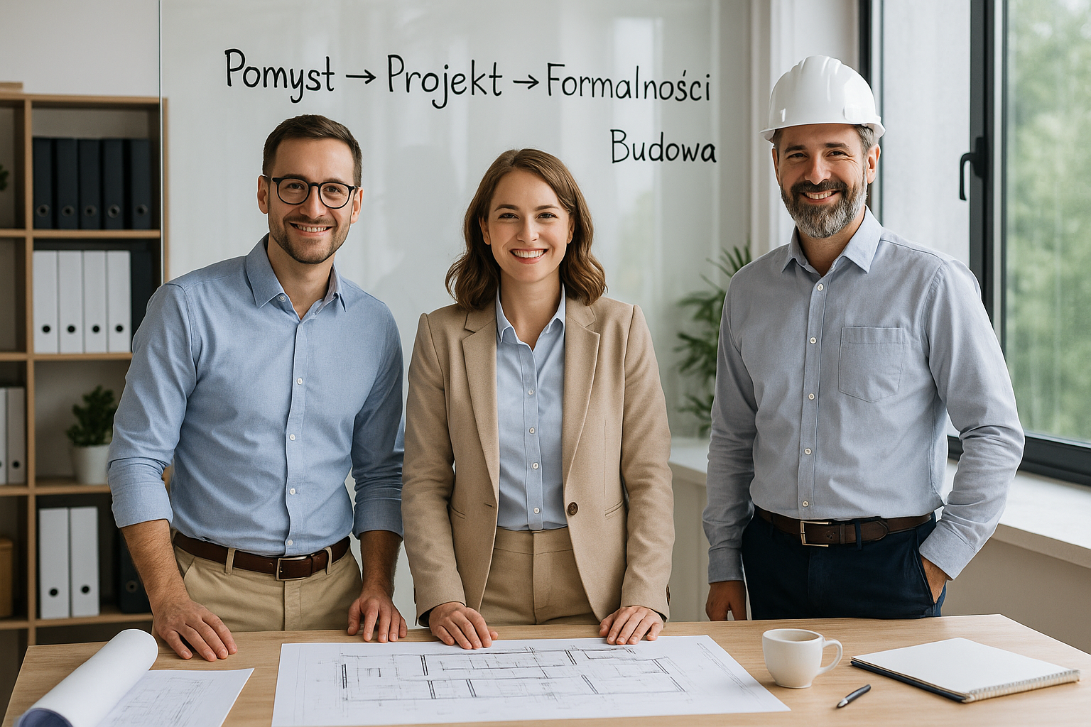 Ilustracja przedstawiająca zespół projektowy pracujący nad budynkiem